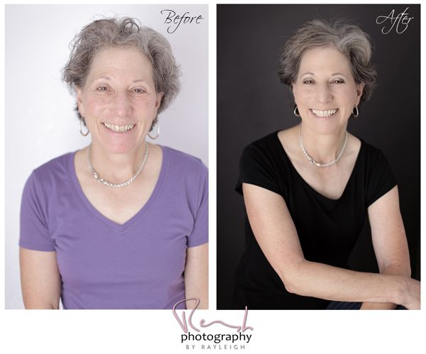 A before and after collage from a beauty shoot. This image is of an older woman sitting in front of a black background wearing a black top. Photography by Rayleigh. For more info, visit byrayleigh.com