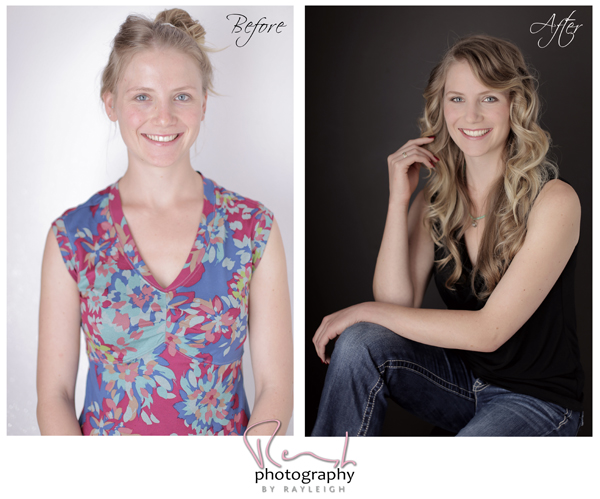 A before and after collage from a beauty shoot. This image is of a young woman sitting in front of a black background wearing jeans and a black top. Photography by Rayleigh. For more info, visit byrayleigh.com