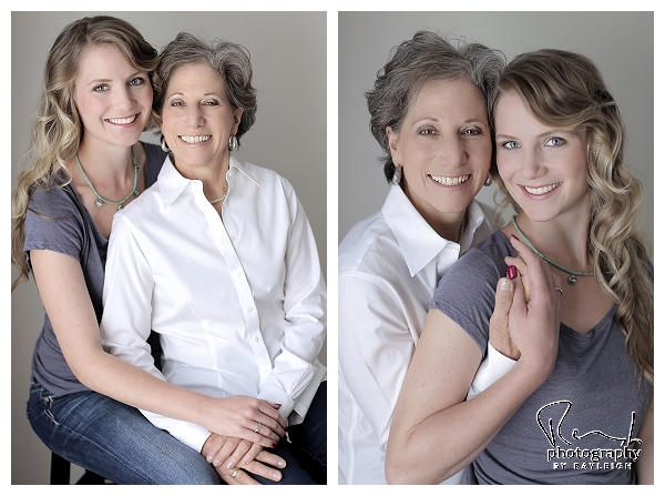 Mother-Daughter session. This image is of an older woman and her grown daughter, standing in front of a white background. Photography by Rayleigh. For more info, visit byrayleigh.com