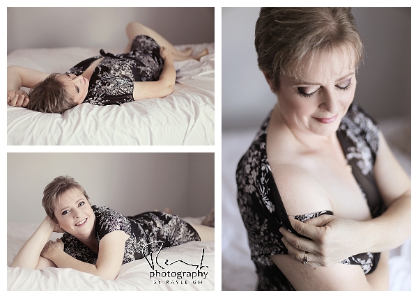 This is a collage of modest boudoir poses on the bed. Photography by Rayleigh. ByRayleigh.com