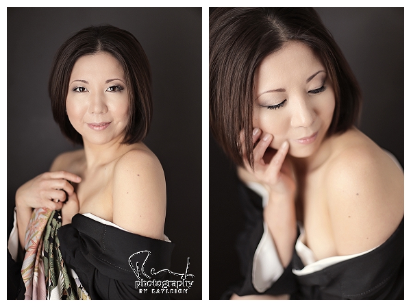 Beauty in a Kimono. Boudoir Photography by Rayleigh. This is an image of an Asian woman standing in front of a black background. For more info, visit byrayleigh.com