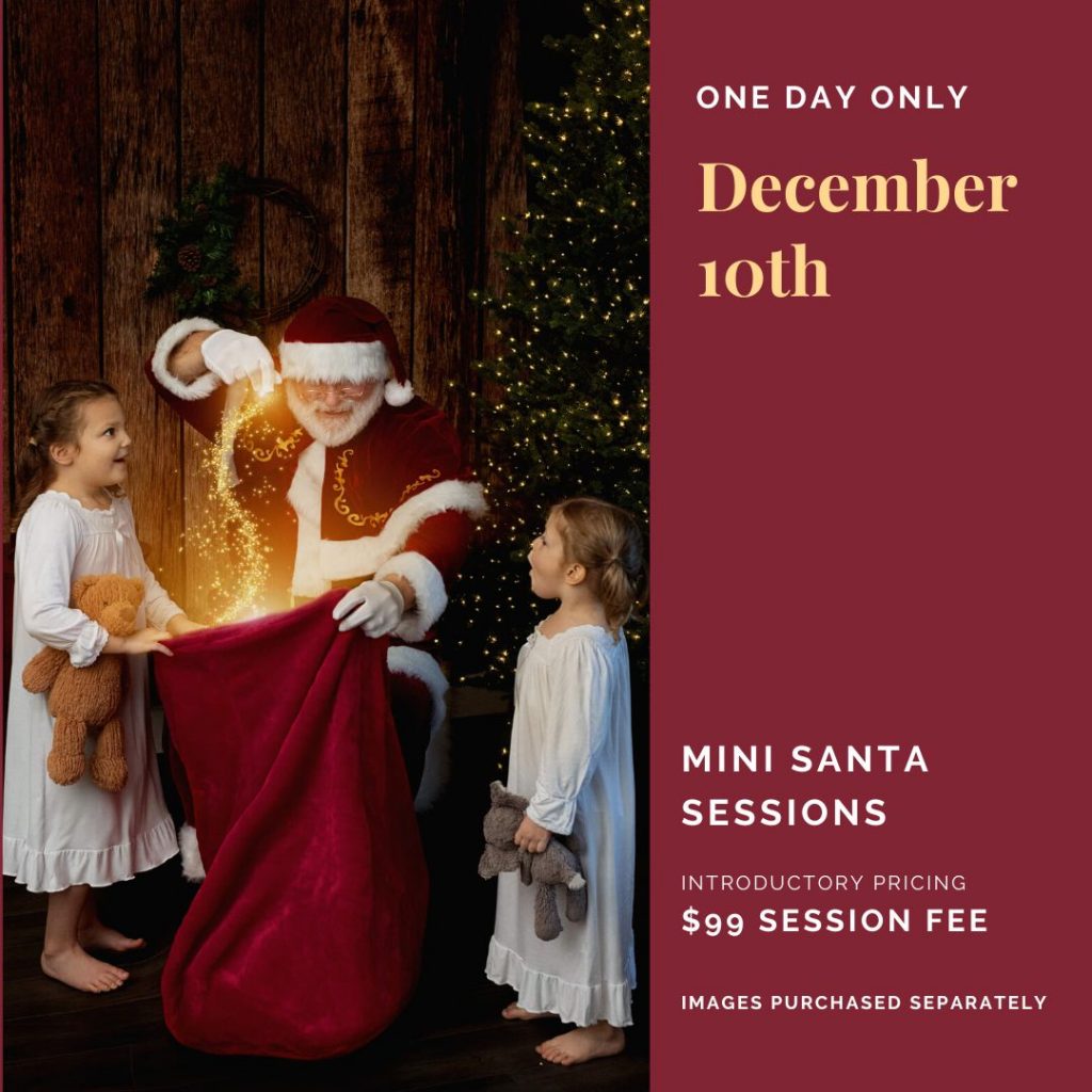 Santa Sessions in Portland, Oregon.. Experience the magic of Christmas. The children are looking amazed at Santa's magical bag for their photo shoot.