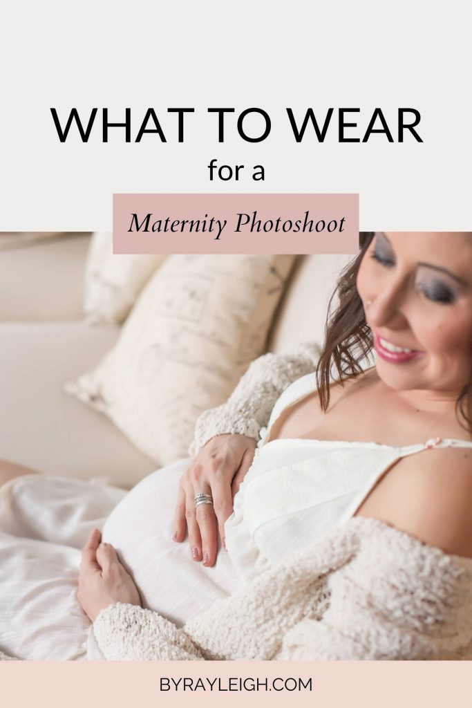 what to wear for a maternity photo shoot in Portland, OR. This is an image of a pregnant woman wearing white lingerie while sitting on a couch.
