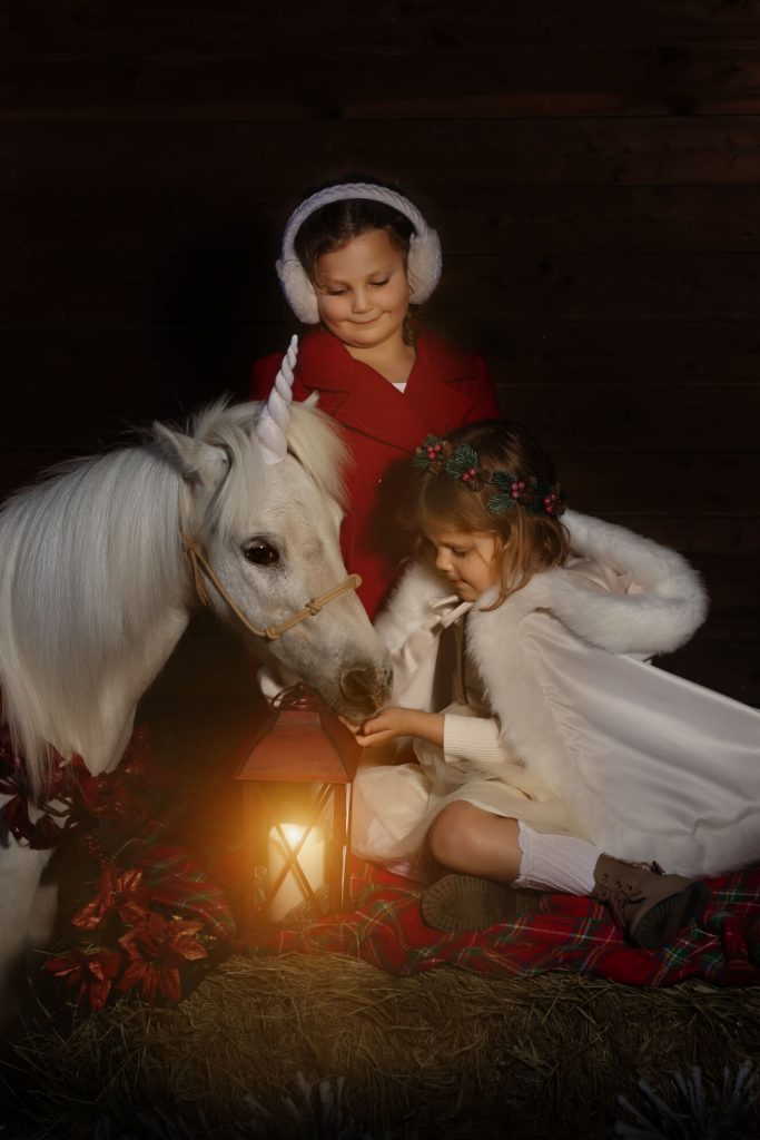 Unicorn Christmas mini sessions near Portland, OR. Stylized fine art portraits that are dark and moody with light effects. These sisters are wearing winter coats and holding a glowing lantern.