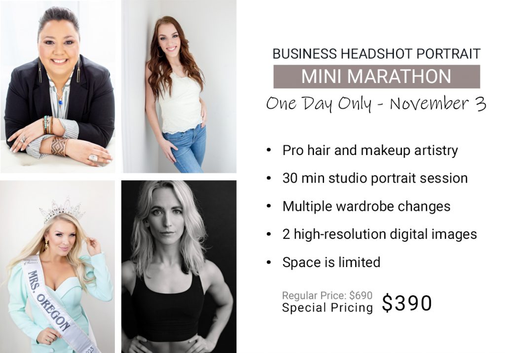 Business headshots mini sessions are happening in my Tualatin, OR photography studio. This can be used for pageant, acting, or modeling headshots, as well.